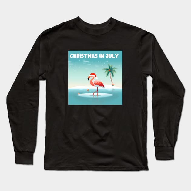 Xmas in July, Funny Flamingo Santa Tropical Christmas Long Sleeve T-Shirt by dukito